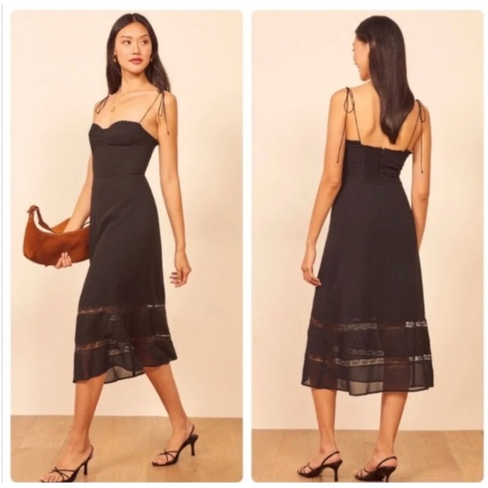 Reformation Ronan Midi Dress Black Lace Trim Smocked Back Size 2 - Picture 3 of 14